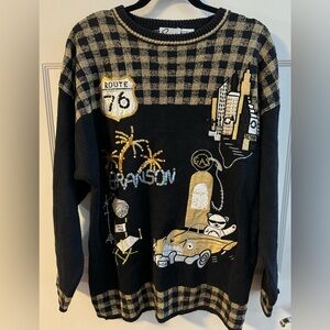 Novelty Travel Route 76 Graphic Black & Gold Sequin Sweater Oversized Grannycore